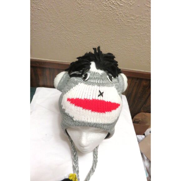 NWT GREY SOCK MONKEY HAT Knit ADULT classic black lining costume - Picture 3 of 6